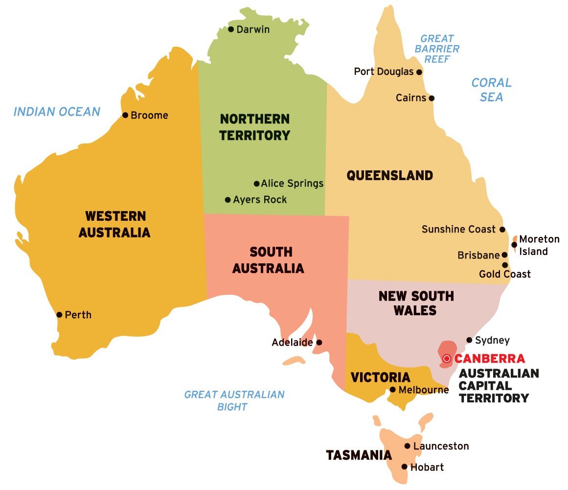 Карта австралии на английском языке со штатами и городами
