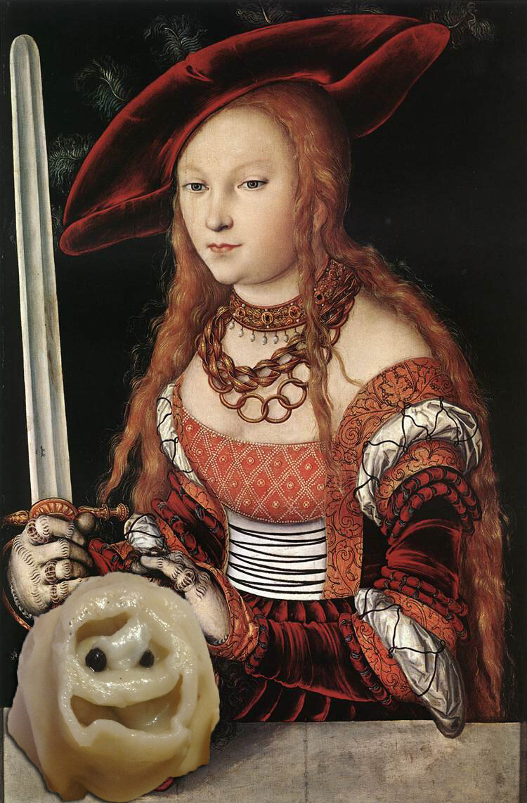 Юдифь с головой Олоферна, 1526 год. Голова выглядит так натурально, что пришлось на нее наложить изображение нашего любимого Пельменя.  