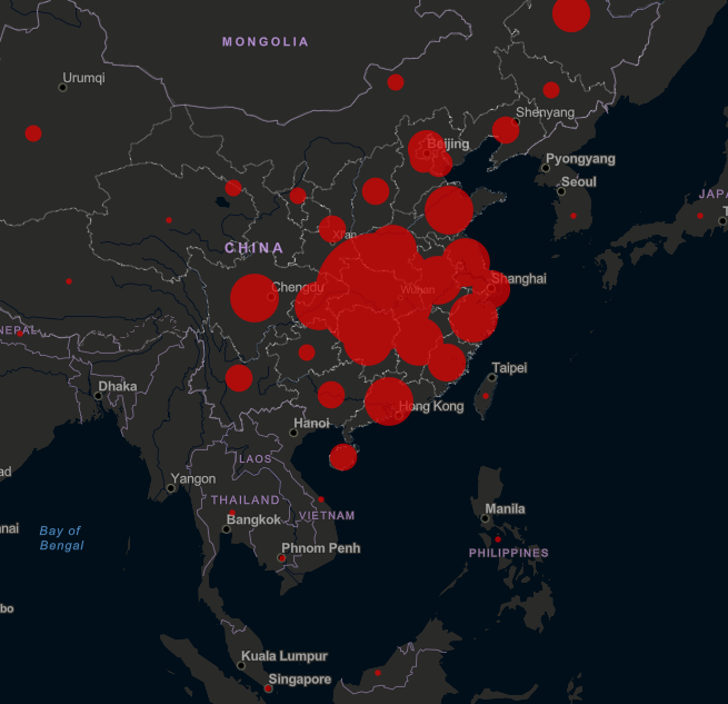 Распространение коронавируса на 4.02.2020г Источник: gisanddata.maps.arcgis.com
