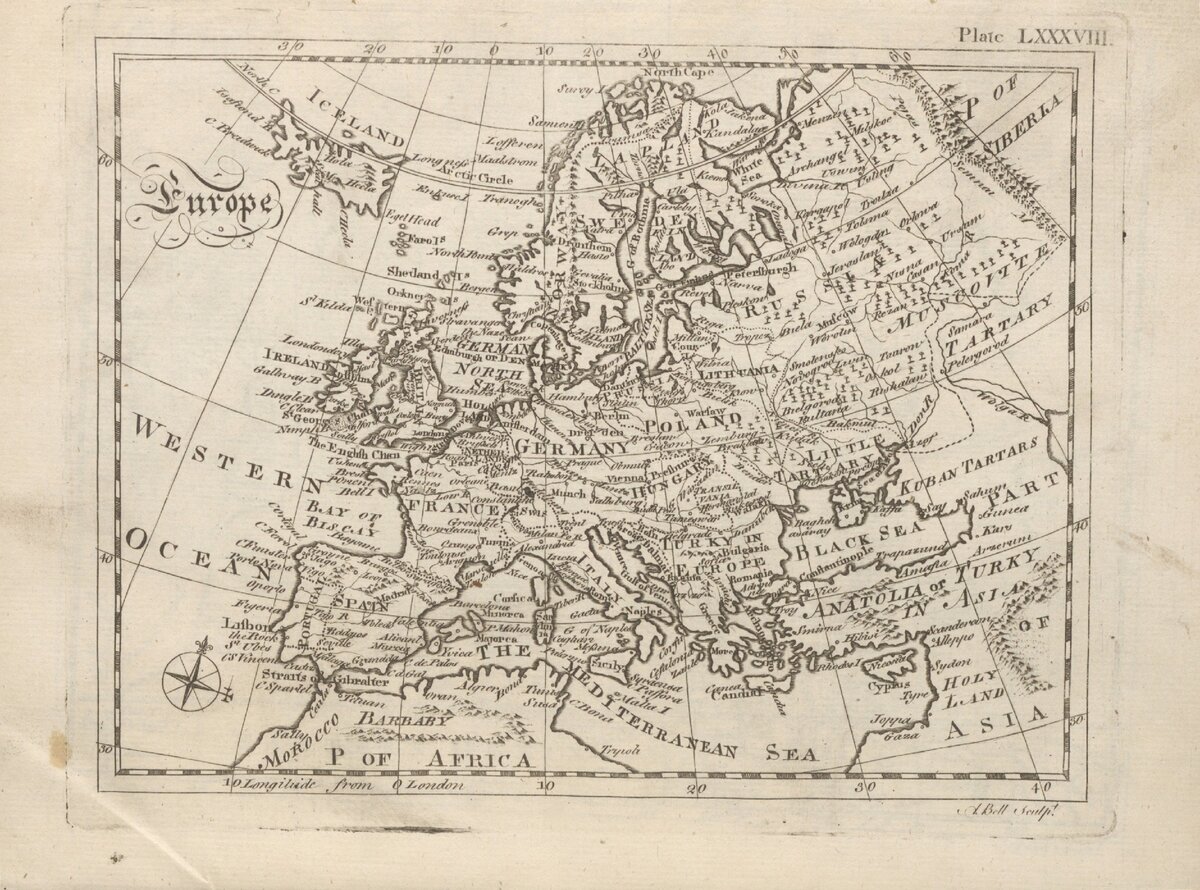 Карта Европы в первом издании Британники 1771 года. Источник иллюстрации: digital.nls.uk