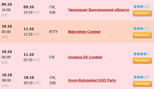 Фрагмент спортивного календаря предстоящих соревнований