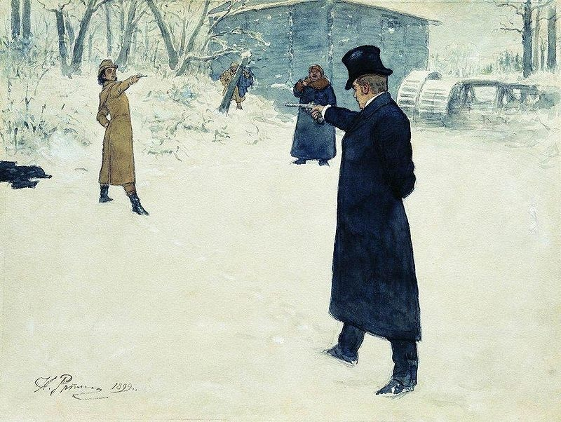 И. Е. Репин "Дуэль Онегина и Ленского". Если читать роман взглядом циника — понимаешь: вот Солнце русской поэзии поиздевался!..