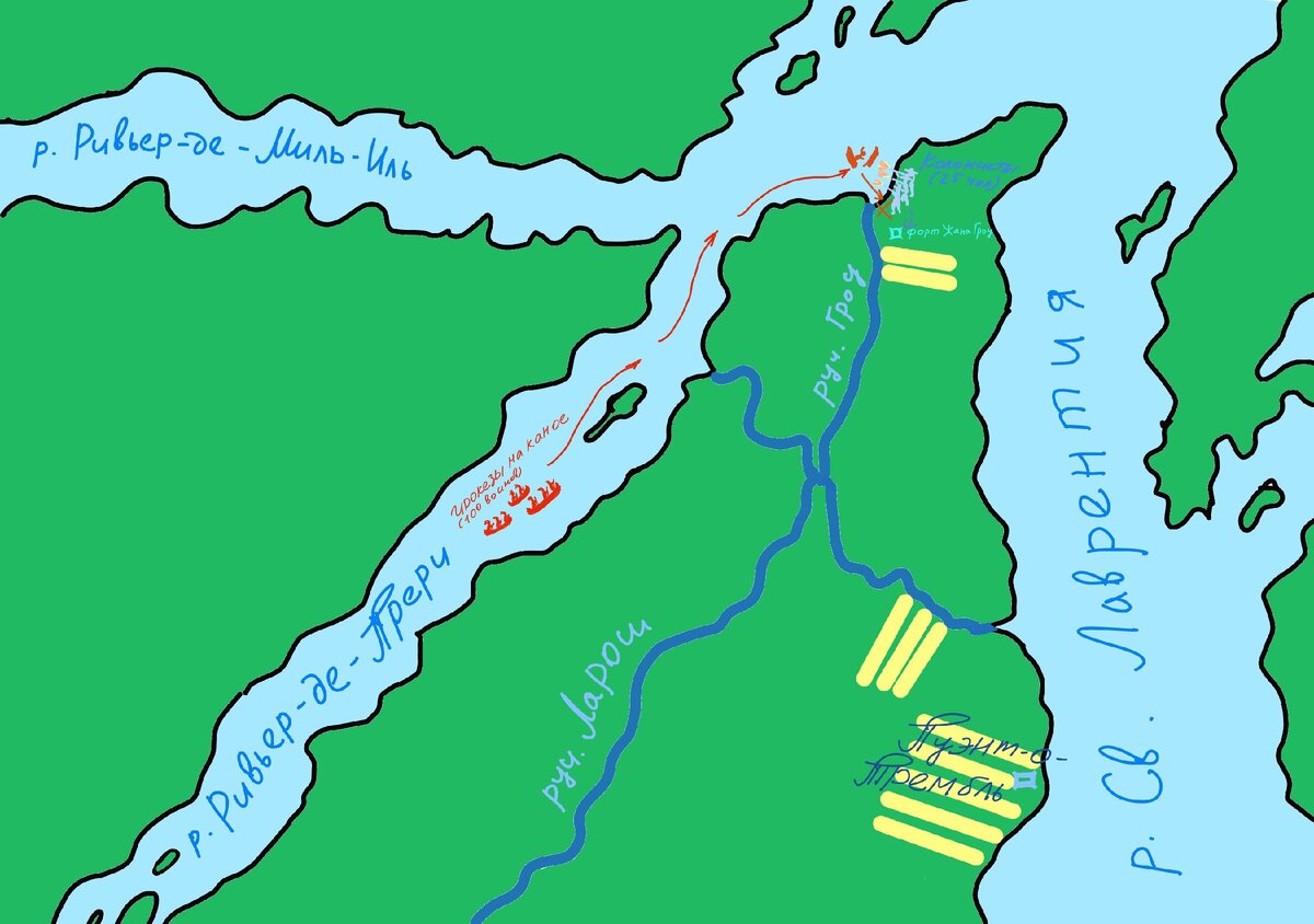 Карта боя у Кули-Гроу. Нахождение места форта Гроу до сих пор неизвестно, предполагается, что он находился не далеко от устья ручья