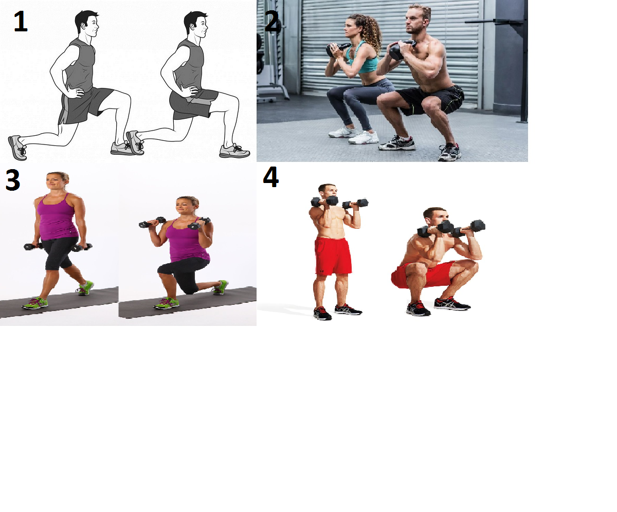 1 Выпады , 2 Приседания, 3 Выпады с гантелями, 4 Приседания с гантелями