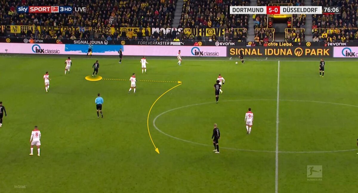 Гётце, действующий в составе атакующей тройки, открывается глубоко между линиями "Дюссельдорфа", чтобы принять пас с фланга и переключить игру 
