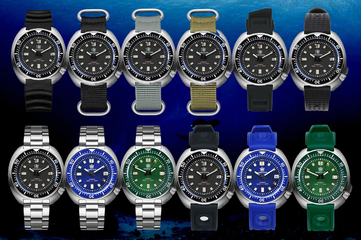 Весь ассортимент часов Steeldive, фотография взята с сайта https://aliexpress.ru/item/4001270822468.html?spm=a2g0o.productlist.0.0.72e3c7feeNBFYo&s=p&ad_pvid=20201105232348563048886715600000968300_1&algo_pvid=c18b63f5-95eb-4bca-99c3-cc7b70ec3696&algo_expid=c18b63f5-95eb-4bca-99c3-cc7b70ec3696-0&btsid=0b8b035a16046474279621866eb002&ws_ab_test=searchweb0_0,searchweb201602_,searchweb201603_