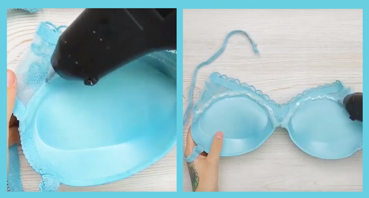 Аккуратно склеить чашечки между собой, слегка их прижимая. Получится маленькая сумочка. Перекинуть лямку на противоположную сторону и получится ручка. 