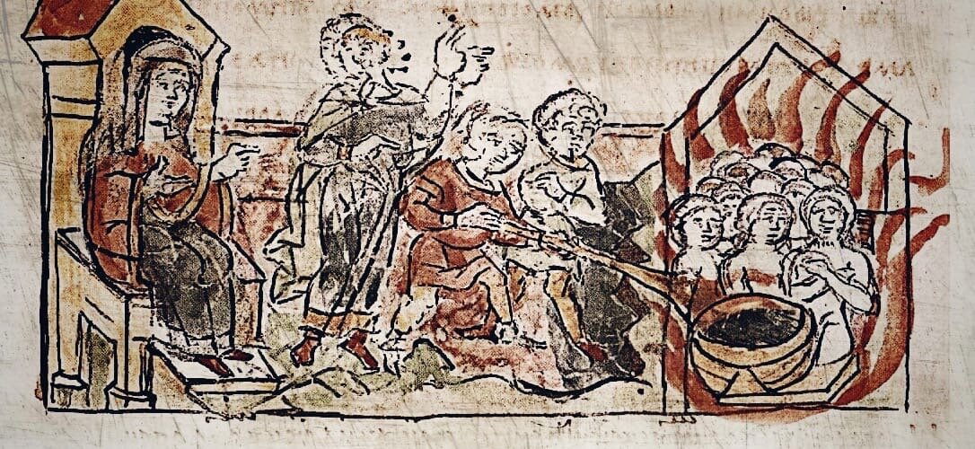 На картине представлено сожжение древлянских сватов