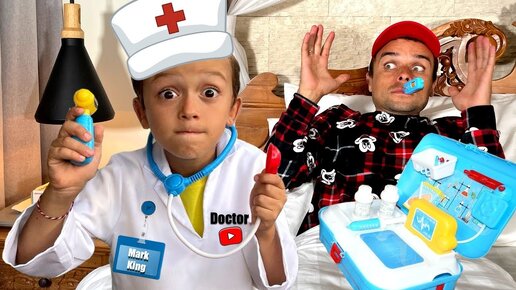 Mark as a doctor and plumber plays with dad and teaches professions to kids