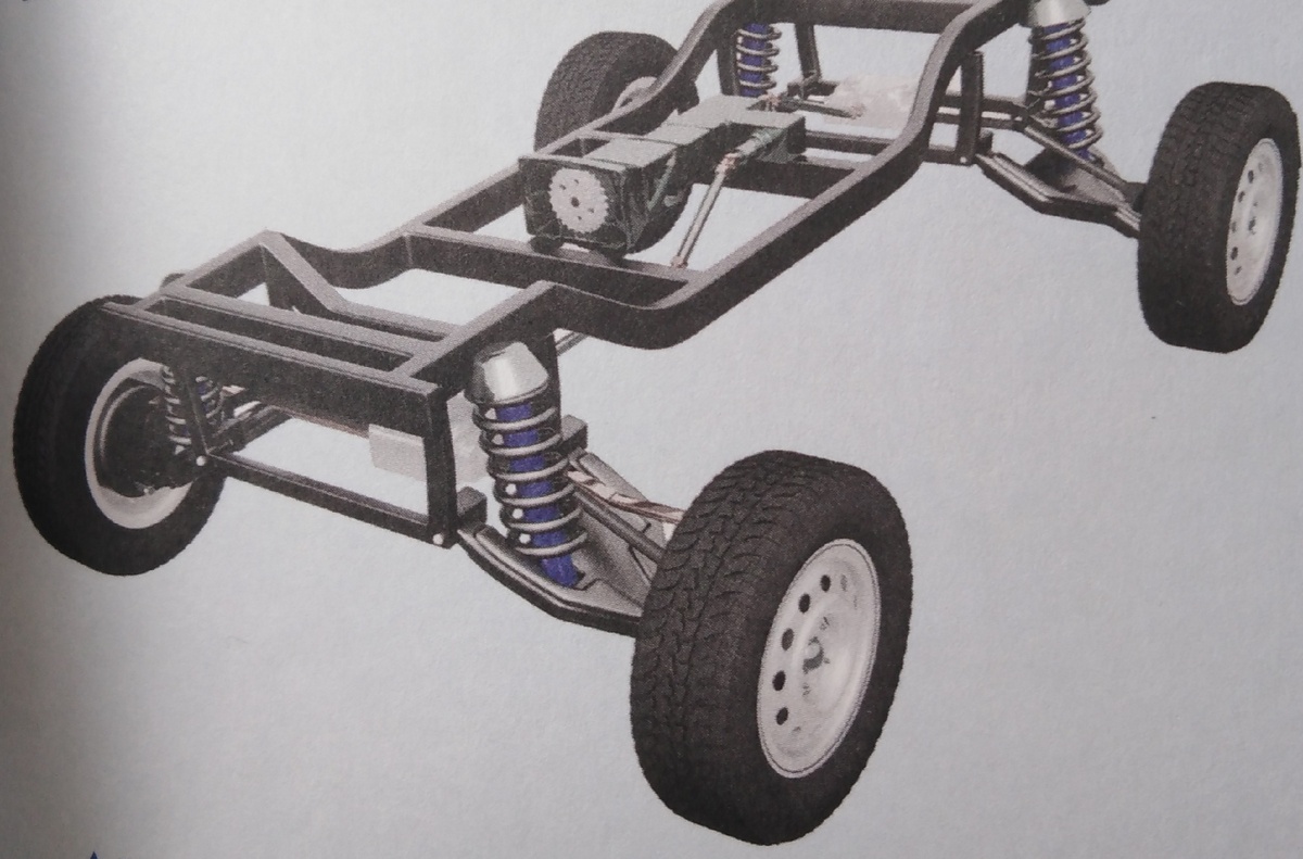 Рамная несущая система автомобиля с амортизаторами подвески и колёсами на полуосях