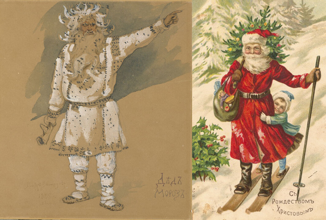 Языческий Дед Мороз на рисунке Васнецова и Святой Николай на рождественской открытке.