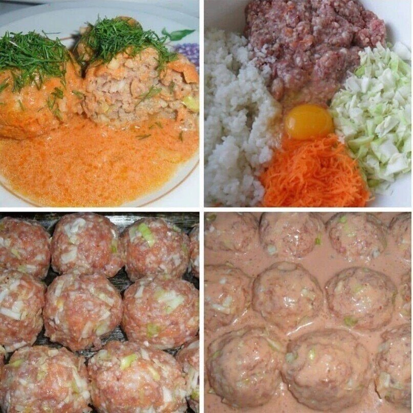 Ингредиенты: 
-500 гр. фарша (у меня свинина с говядиной) 
-100 гр. риса (желательно краснодарского, не пропаренного) 
-2 яйца 
-свежая капуста 
-свежая морковь 
-томат паста, сметана 
-любимые специи 
-примерное кол-во будет видно на фото 
 
Приготовление: 
рис отварить, морковь натереть на мелкой терке, капусту нарезать, как можно мельче, добавить фарш, яйца, посолить, поперчить 
конечно, кто любит лук, то обязательно добавить, все перемешать 
приготовить соус, для этого смешать томат.пасту и сметану, добавить соль и свои любимые специи 
а дальше дело каждого, кто то формирует в форме тефтелек, кто то в форме котлеток и обжаривают первоначально, но у меня же все быстро, поэтому процесс жарки я избегаю, формирую в виде тефтелек и отправляю в форму 
заливаю приготовленным соусом и отправляю в духовку минут на 30 
вынуть готовое блюдо и украсить зеленью. 
Приятного аппетита!