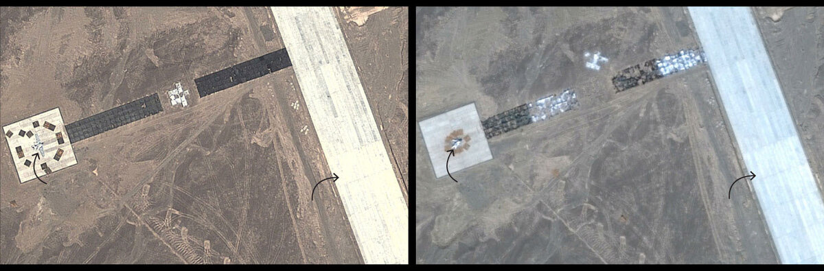 Спутниковый снимок: Google, DigitalGlobe. Макет взлётно-посадочной полосы до и после бомбёжки.