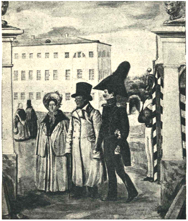 П.А.Федотов.  На рисунке -  П.А.Федотов  с отцом и матерью на прогулке по старой Москве.