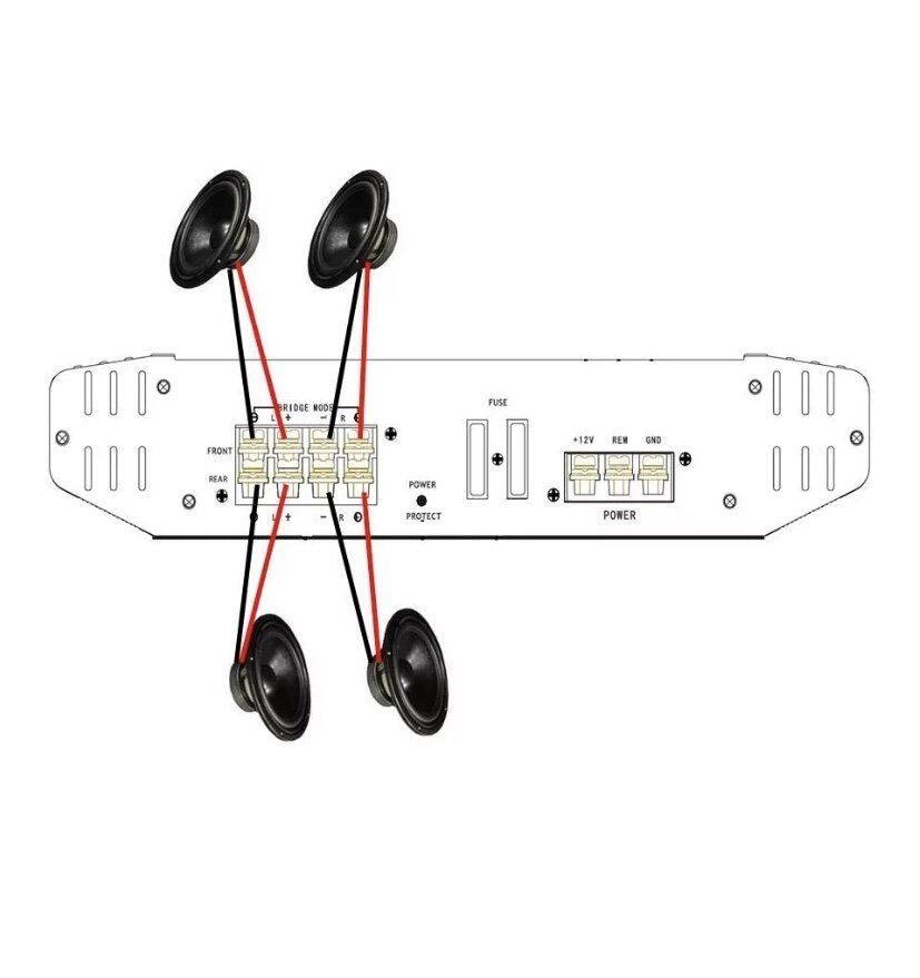 Подключение четырех. Схема подключения двух динамиков к 4 канальному усилителю. Схема подключения 4 динамиков на 4 канальный усилитель. Как подключить 2 пары динамиков к 4х канальному усилителю мостом. Схема подключения 4х динамиков к 2х канальному усилителю.