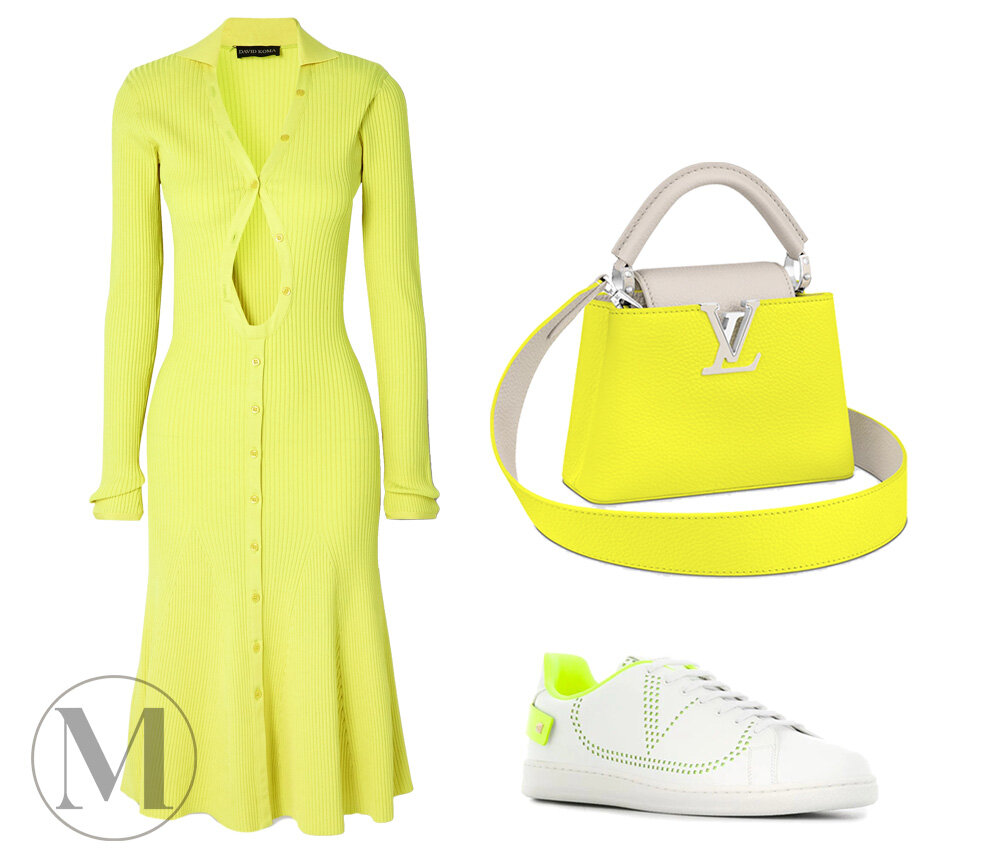 Платье David Koma, сумка Louis Vuitton mini Capucines и кроссовки Valentino с неоновыми крапинками