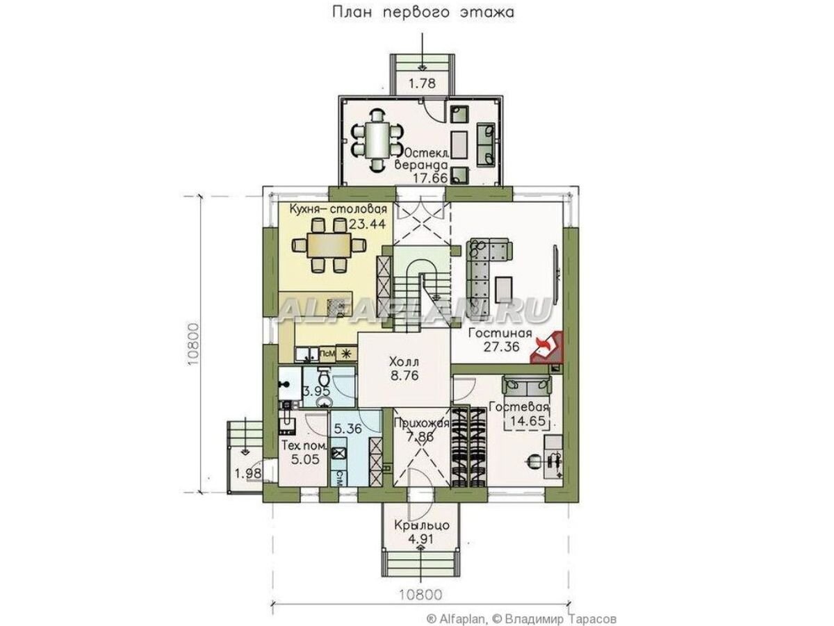 Планировка дома по проекту "Четыре сезона" 545А
1 этаж – это и место сбора близких людей и приема гостей. При входе с главного крыльца в дом, сразу попадаем в прихожую и холл – именно из него двери ведут в гостевую комнату, туалет и кладовую. Из этого же холла можно попасть в кухню-столовую и гостиную. Лестница на второй этаж служит неким разграничением зон 1 этажа. Есть выход на застекленную веранду.