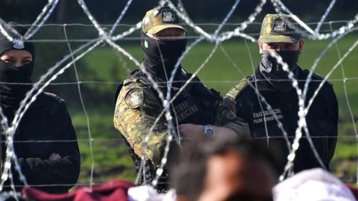 Польские пограничники наблюдают за лагерем беженцев из Афганистана на белорусско-польской границе возле деревни Уснар-Дольное. / Фото: Виктор Толочко / РИА Новости