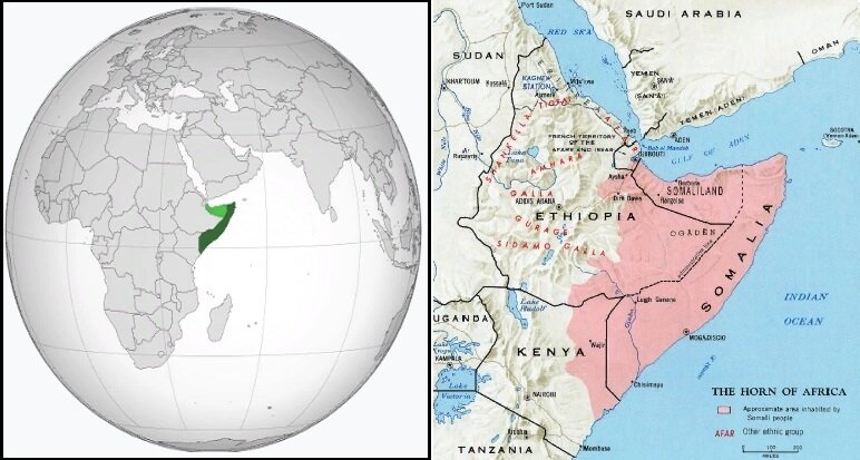 Слева-Сомали на карте мира. Справа-карта распространения сомалийского языка. (википедия)