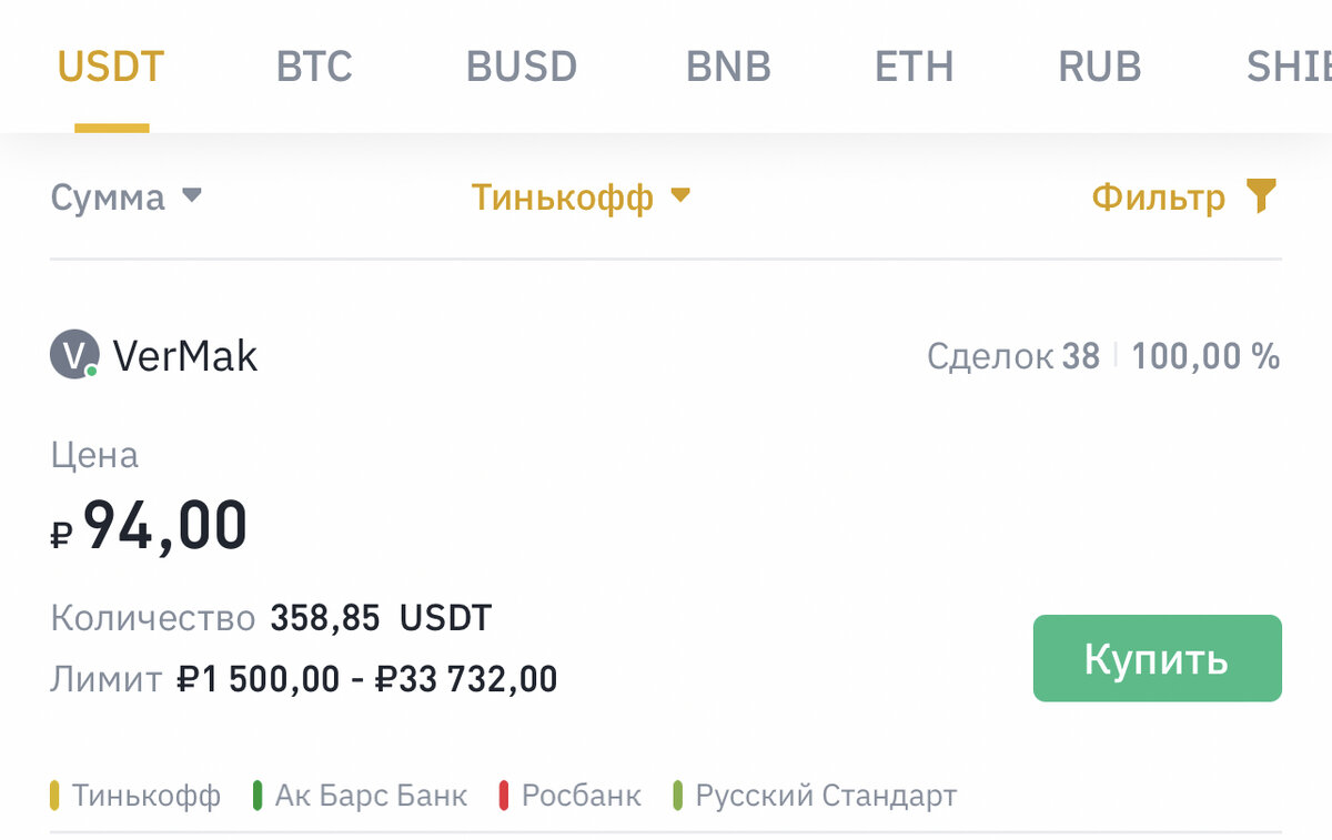 Пример P2P в Binance