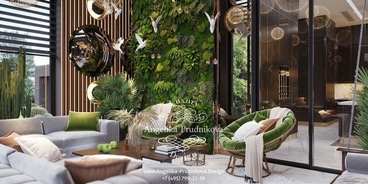 На фото: Зона отдыха с настенным фитомодулем в зимнем саду загородного дома