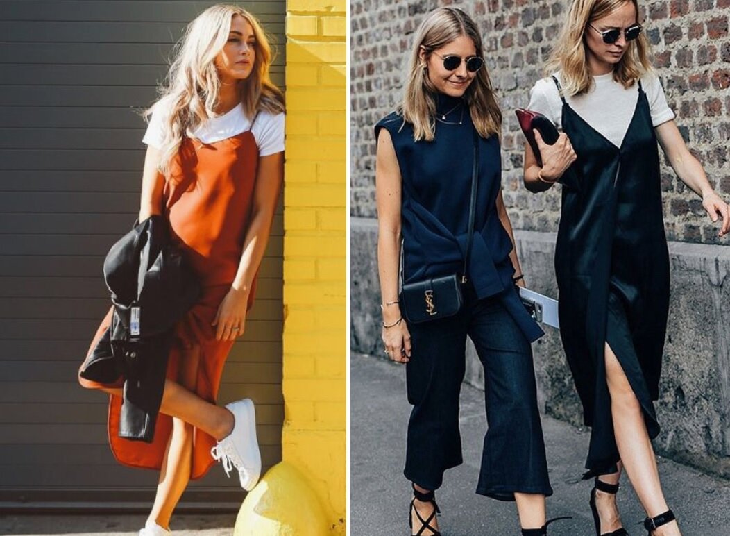 Белая футболка и кеды составят отличную кампанию яркому платью в бельевом стиле