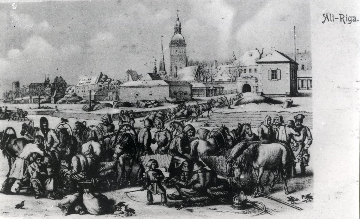 Литовские крестьяне у Новых ворот Риги. Литография Теодора Рикмана, 1842 года. LNB 