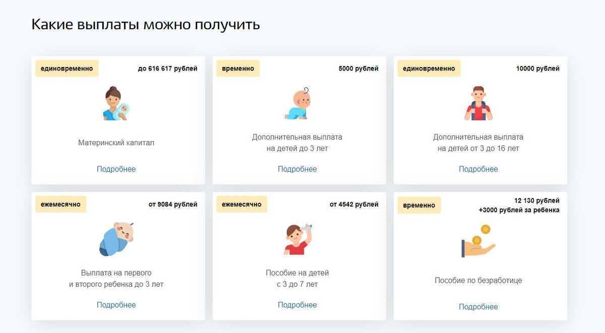 Ежемесячные, временные и единовременные выплаты на портале Госуслуги.
