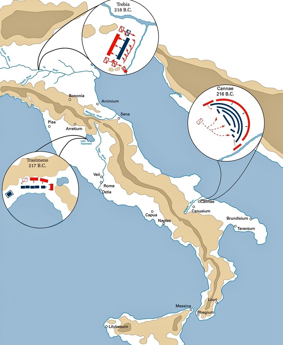 Три главных победы Ганнибала на карте Апеннинского полуострова.