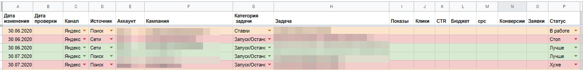 Статус в правом столбце