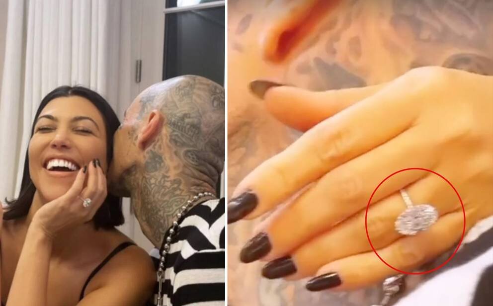 Когда Трэвис Баркер сделал предложение Кортни Кардашьян на выходных, он продолжил семейную традицию изготовления больших и роскошных обручальных колец. Фото / Истории из Instagram