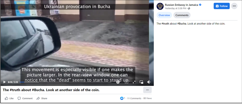 ИЗОБРАЖЕНИЕ 1: В СООБЩЕНИИ ПОСОЛЬСТВА РОССИИ НА ЯМАЙКЕ ГОВОРИТСЯ, ЧТО НА УЛИЦАХ БУЧИ МОЖНО УВИДЕТЬ ДВИЖУЩИЙСЯ ТРУП.