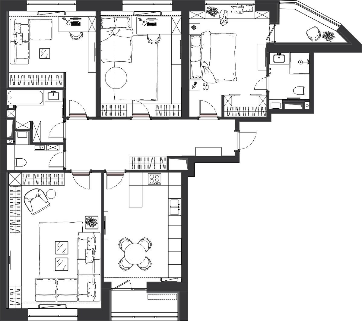 В результате перепланировки избавились от нефункционального коридора между комнатами и от кладовой. Помимо этого заложили дверной проём между кухней и гостиной.