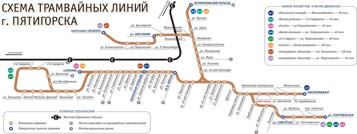 Схема трамвайных маршрутов. До Цветника идут 4-ка и 8-ка