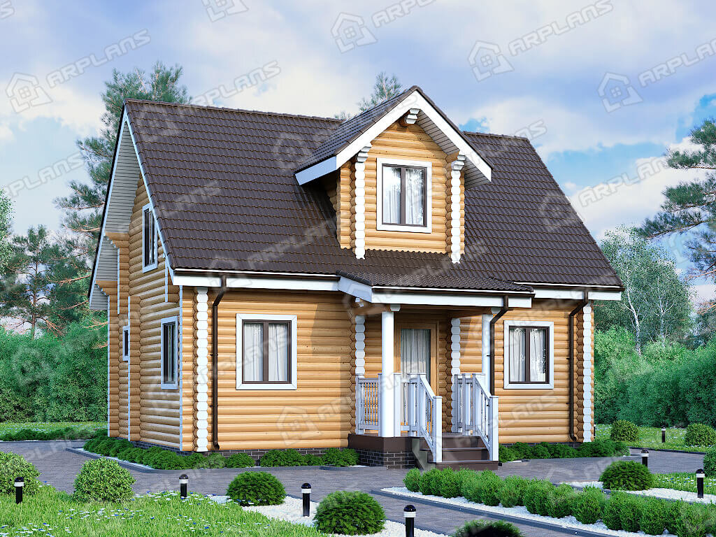 Фото 1 деревянного дома из бревна с мансардой, террасой и 2 спальнями, 70 кв м. Источник arplans.ru Проект ДО-158