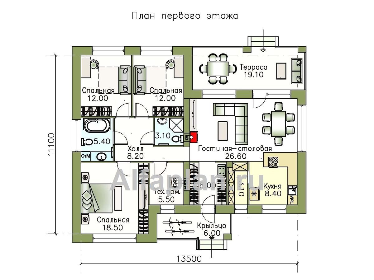 Проект одноэтажного дома 629А «Вуокса» с тремя спальными 120м2 | Популярные  проекты домов Альфаплан | Дзен