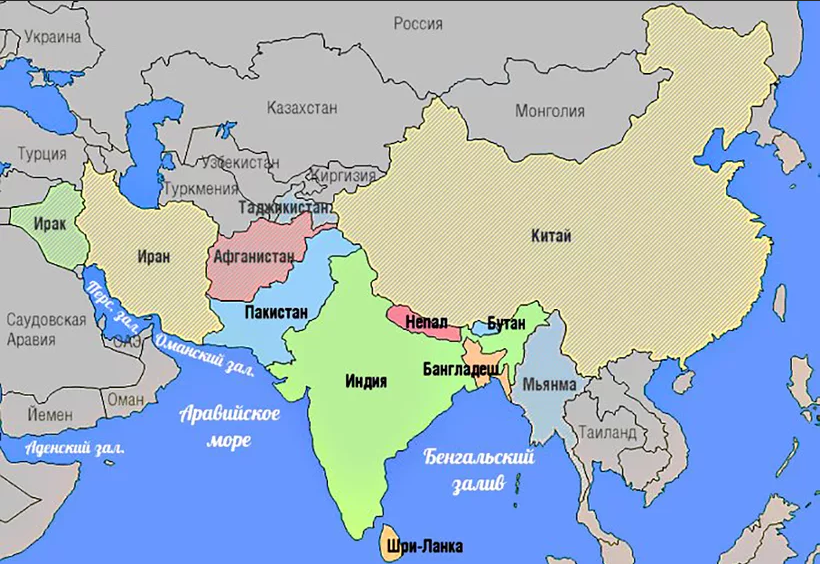 Бангладеш какая страна где находится столица национальность. Страны Южной Азии на карте. Южная Азия на карте. Индия Пакистан Бангладеш на карте. Политическая карта Южной Азии.