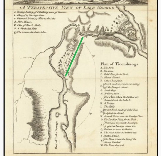 Английский план форта Тикондерога (Карильон) в 1759 г. Зеленой линией обозначен волок, который французы проложили в 1757 году.