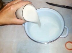 ШАГ 1:
Отмерьте все перечисленные в рецептуре ингредиенты. Заранее достаньте из холодильника ряженку (любой жирности), чтобы она успела нагреться до комнатной температуры. Влейте необходимое количество кисломолочного продукта в емкость подходящего размера.