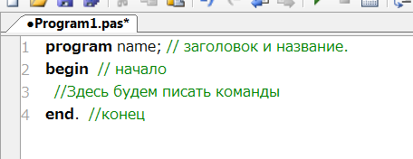 program - заголовок. begin - начало. end. - конец.