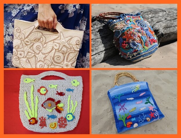 сумки на морскую тему довольно популярны не только на курортах. но и в повседневной городской жизни. Ручки к ним могут быть вязаными или бамбуковыми.