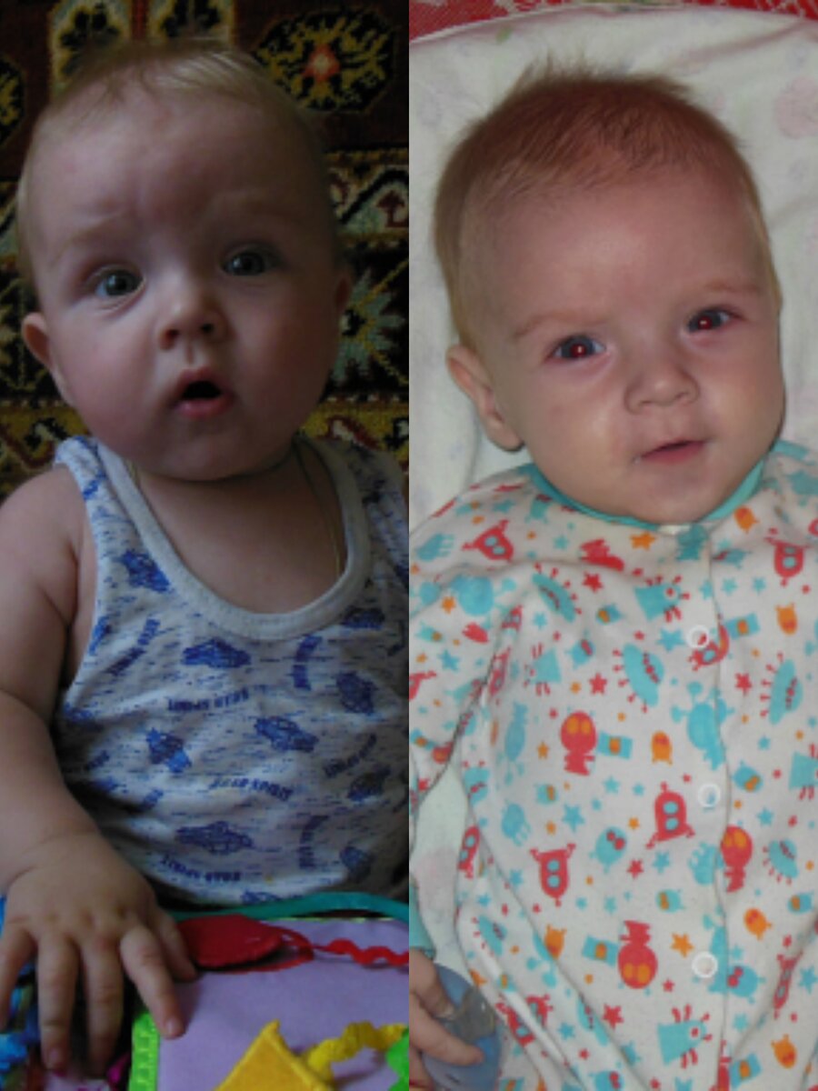 Разница 1,5 месяца. Костюм с ракетами Саша носил в 1-2 месяца, потом стал мал. Но на этом фото Саше 5 месяцев! А на фото слева 6,5. 