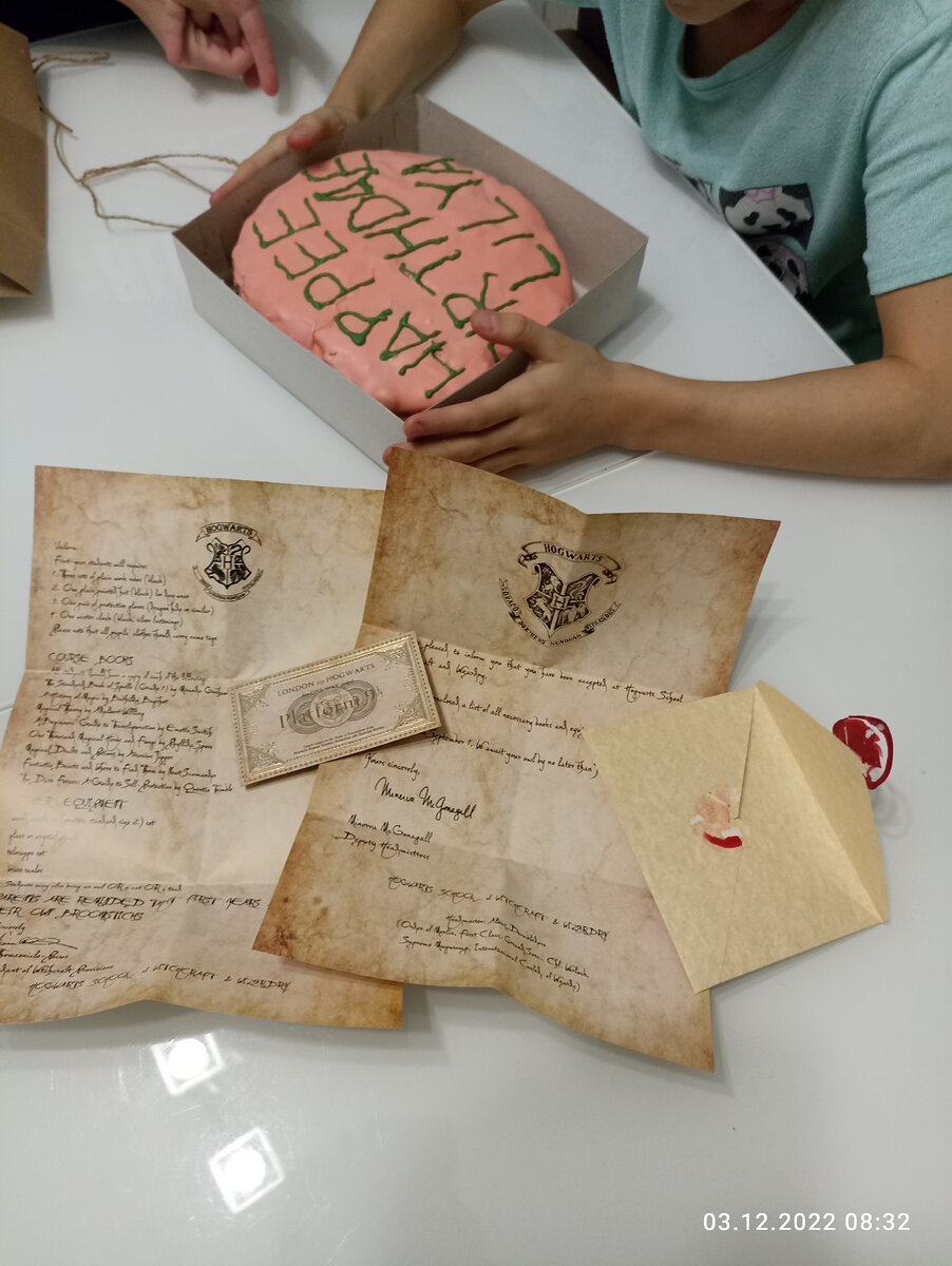 Вот такой пирог я изготовила для дочери. Письмо из Хогвартса и билет на Хогвартс-экспресс, конечно же, прилагается.