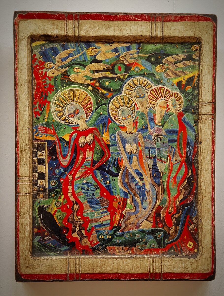 Д.Н. Санджиев, Шахматный поединок(правая часть диптиха), 2006 г.(дерево, левкас, авторская техника)