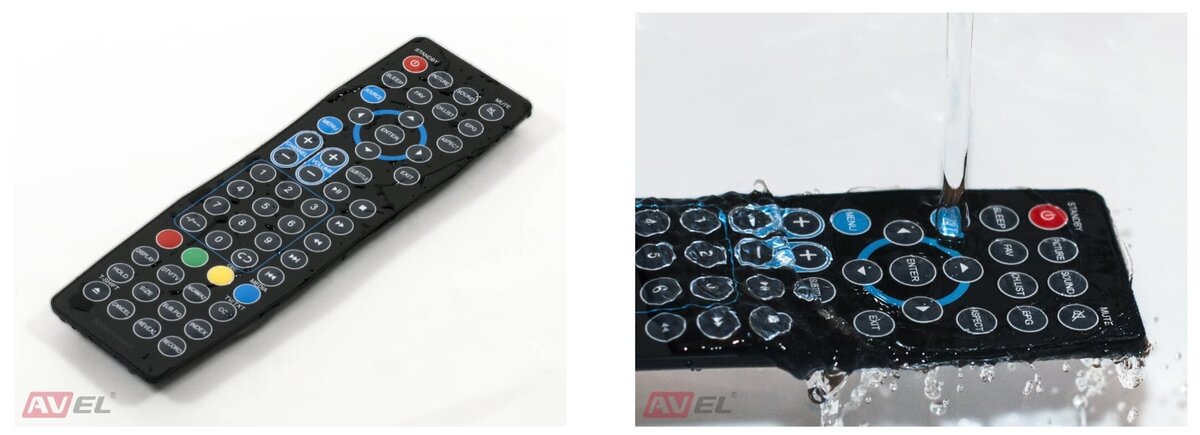 Пульт для влагостойких телевизоров тоже защищен от попадания влаги. Его можно использовать мокрыми руками и мыть под струей воды, не опасаясь за сохранение работоспособности.