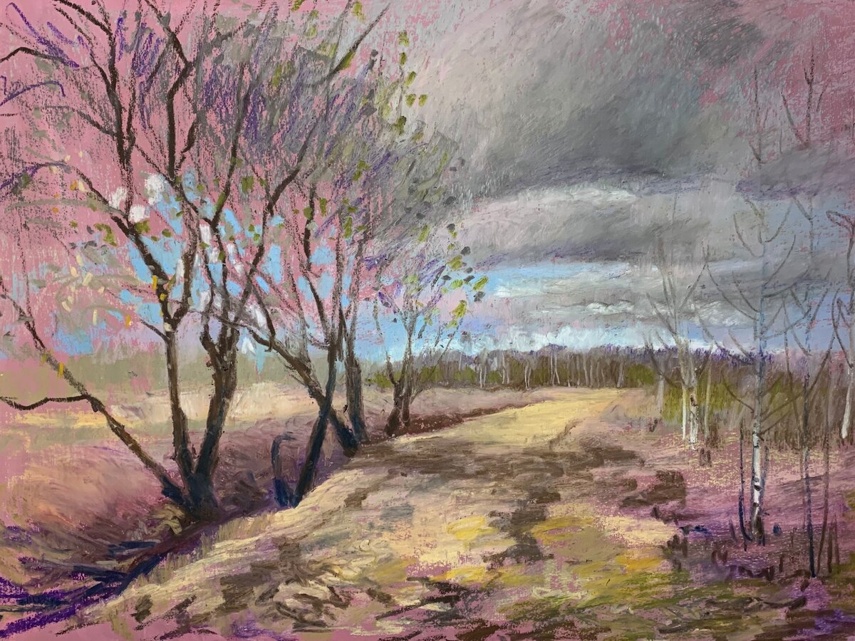 М. Новоселова. Апрельский ветер. Бумага, масляная пастель, 30х40 см