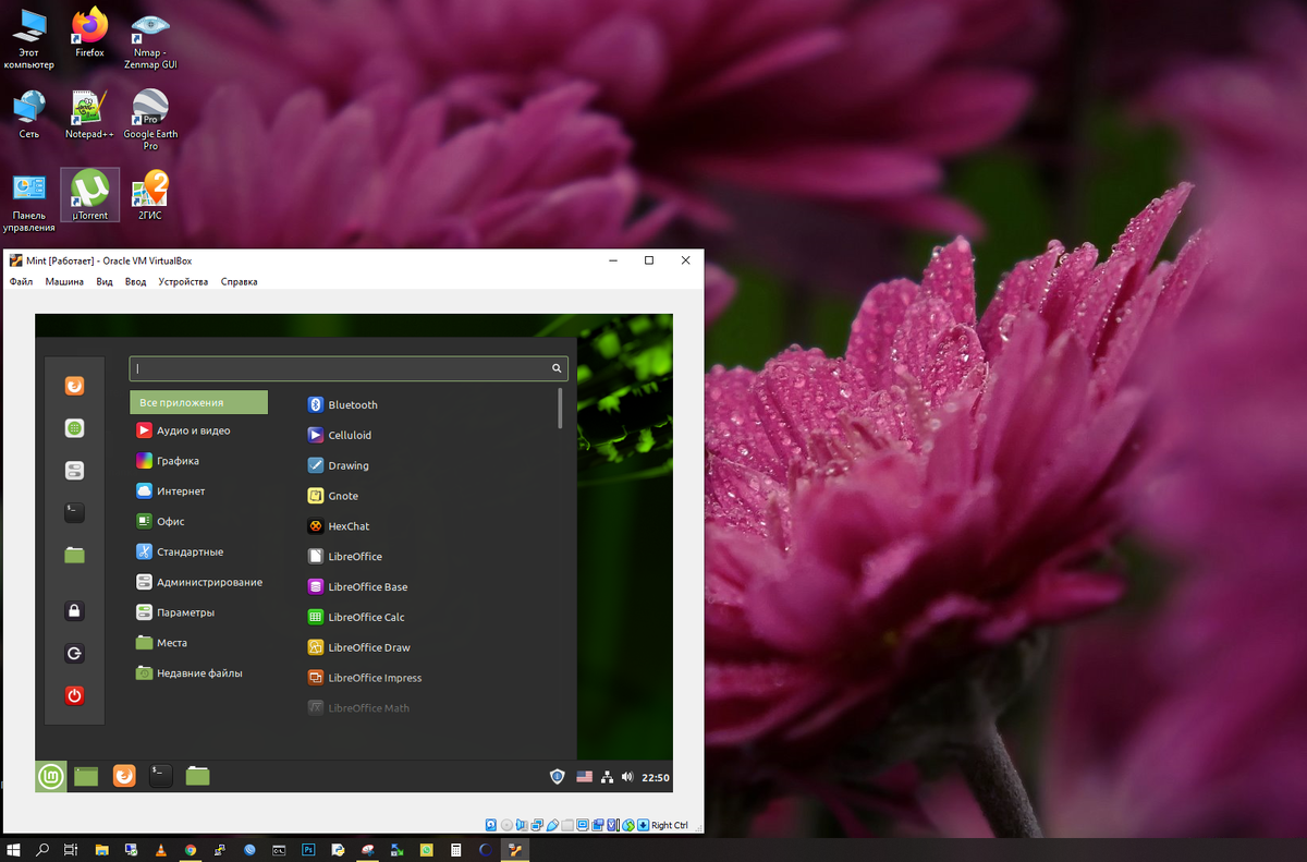 Рис. 1. Окно запущенной виртуальной машины в среде VirtualBox на физическом компьютере с ОС Windows 10. 