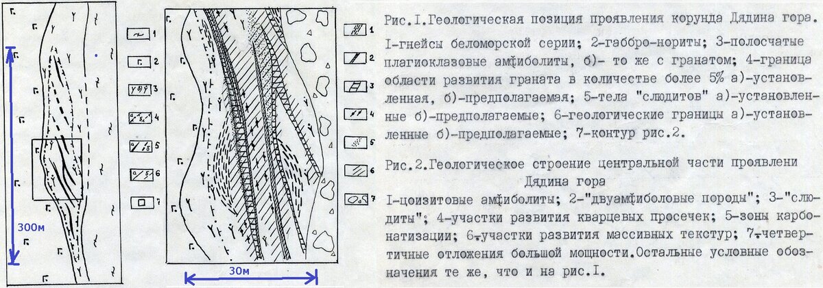 Геологическое строение проявления корунда Дядина гора. Падение пород на запад под углом 80-85 градусов.