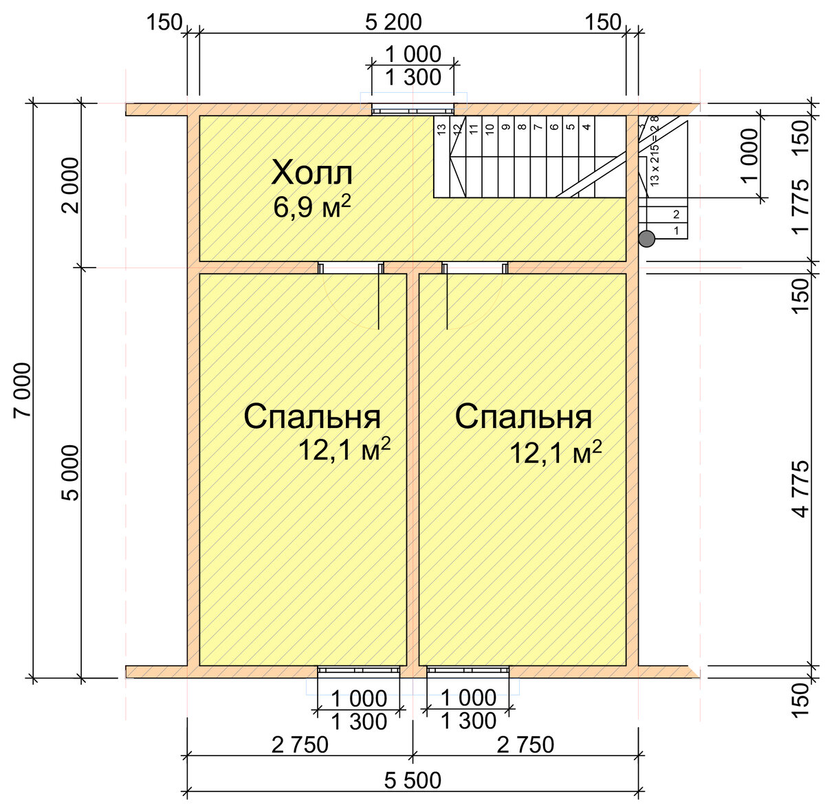 Каркасный или из бруса, дом 7х7 м., с мансардой, площадью 74 м² (Визуализация + планы этажей и фасады с размерами) ??