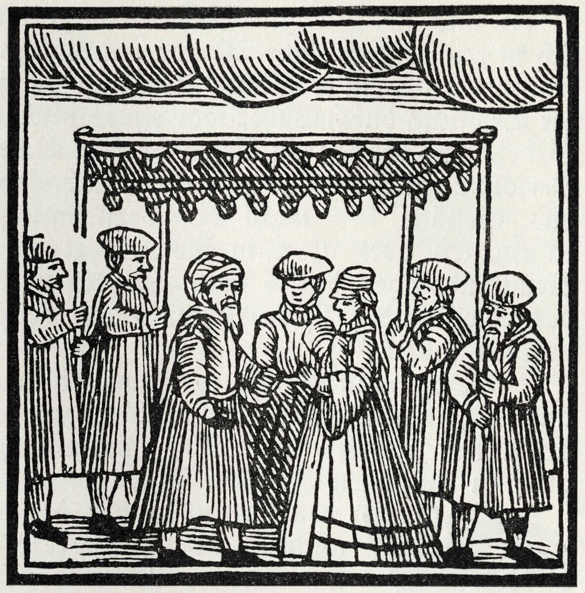 Еврейская свадьба. Гравюра из пасхальной Агады. 1695 год Агада — сборник молитв, благословений и комментариев к истории Исхода, который используется для празднования Песаха. © Culture Club / Getty Images.